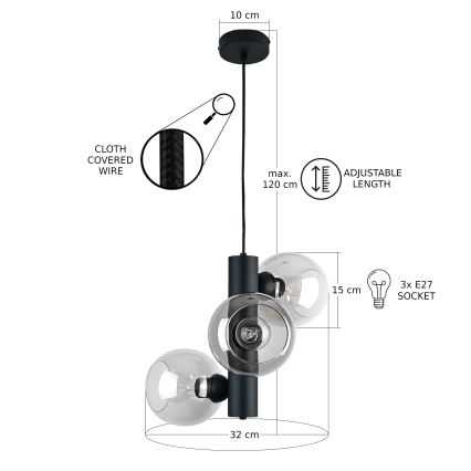 Suspension filaire TUBE 3xE27/60W/230V noir/transparent
