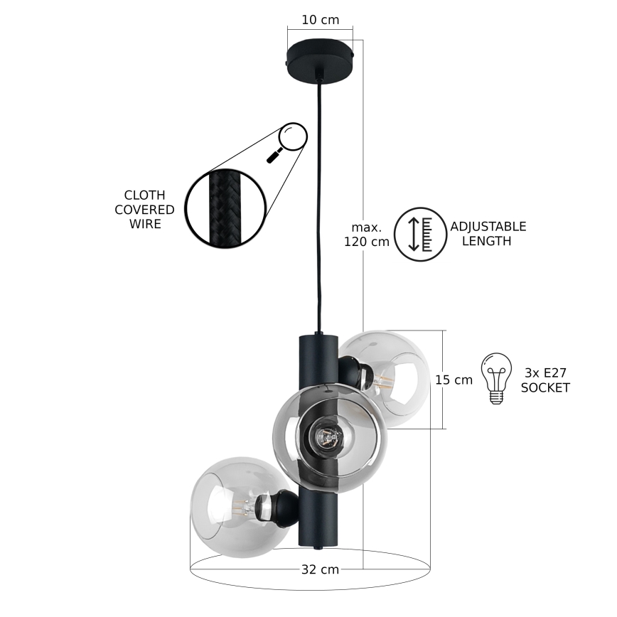 Suspension filaire TUBE 3xE27/60W/230V noir/transparent