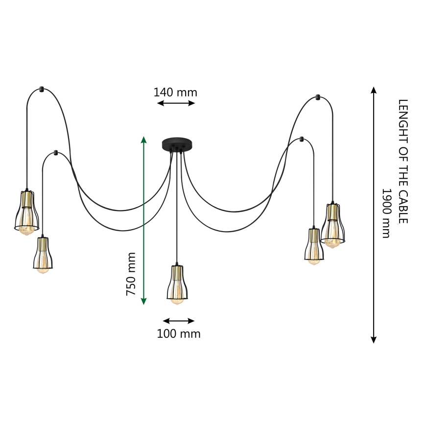 Suspension filaire TUBE 5xE27/15W/230V araignée noir/chrome brillant
