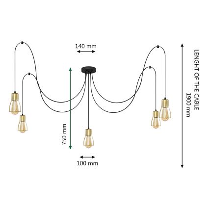 Suspension filaire TUBE 5xE27/15W/230V araignée noir/doré