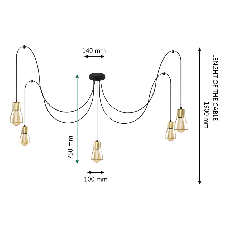Suspension filaire TUBE 5xE27/15W/230V araignée noir/doré