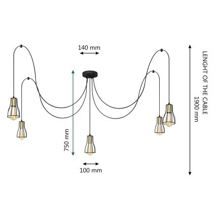 Suspension filaire TUBE 5xE27/15W/230V araignée noir/doré