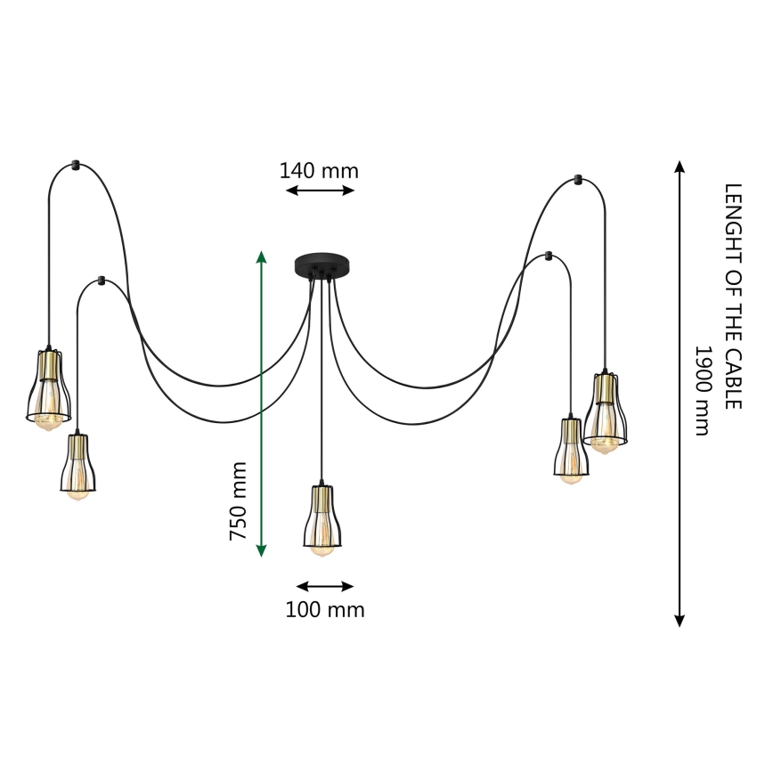 Suspension filaire TUBE 5xE27/15W/230V araignée noir/doré