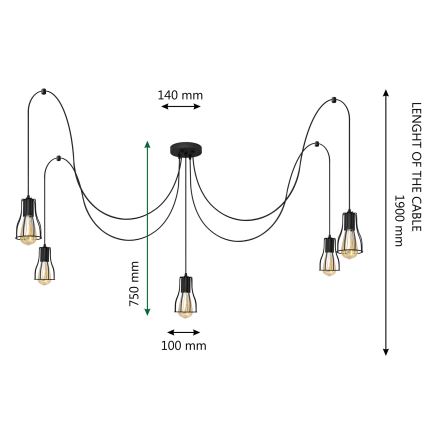 Suspension filaire TUBE 5xE27/15W/230V araignée noir