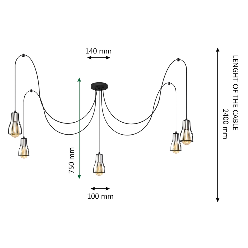 Suspension filaire TUBE LONG 5xE27/15W/230V noir/chrome brillant
