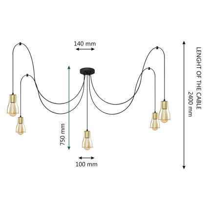 Suspension filaire TUBE LONG 5xE27/15W/230V noir/doré