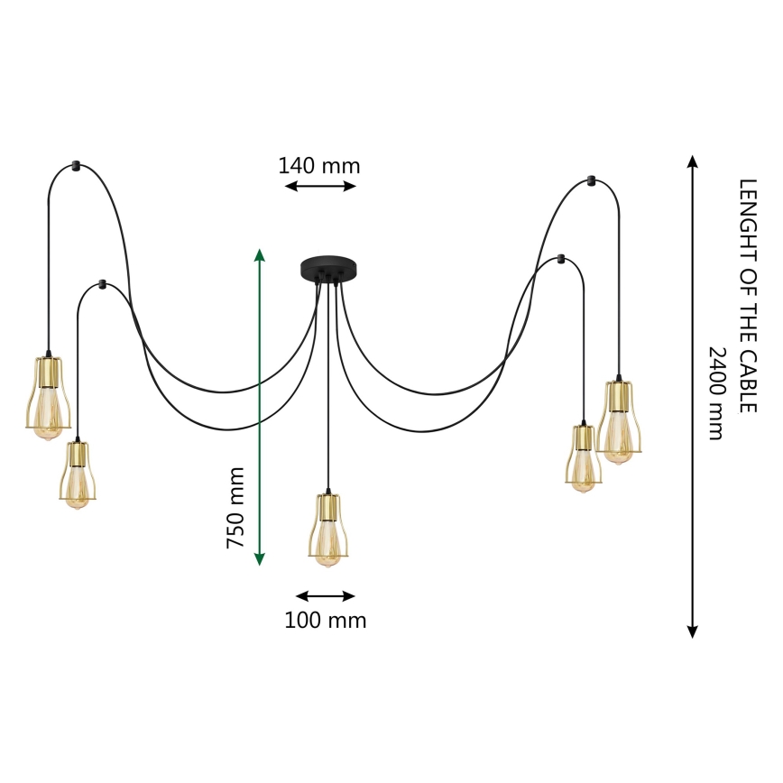 Suspension filaire TUBE LONG 5xE27/15W/230V noir/doré
