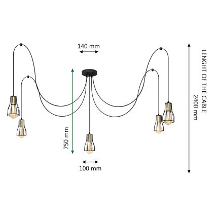 Suspension filaire TUBE LONG 5xE27/15W/230V noir/doré