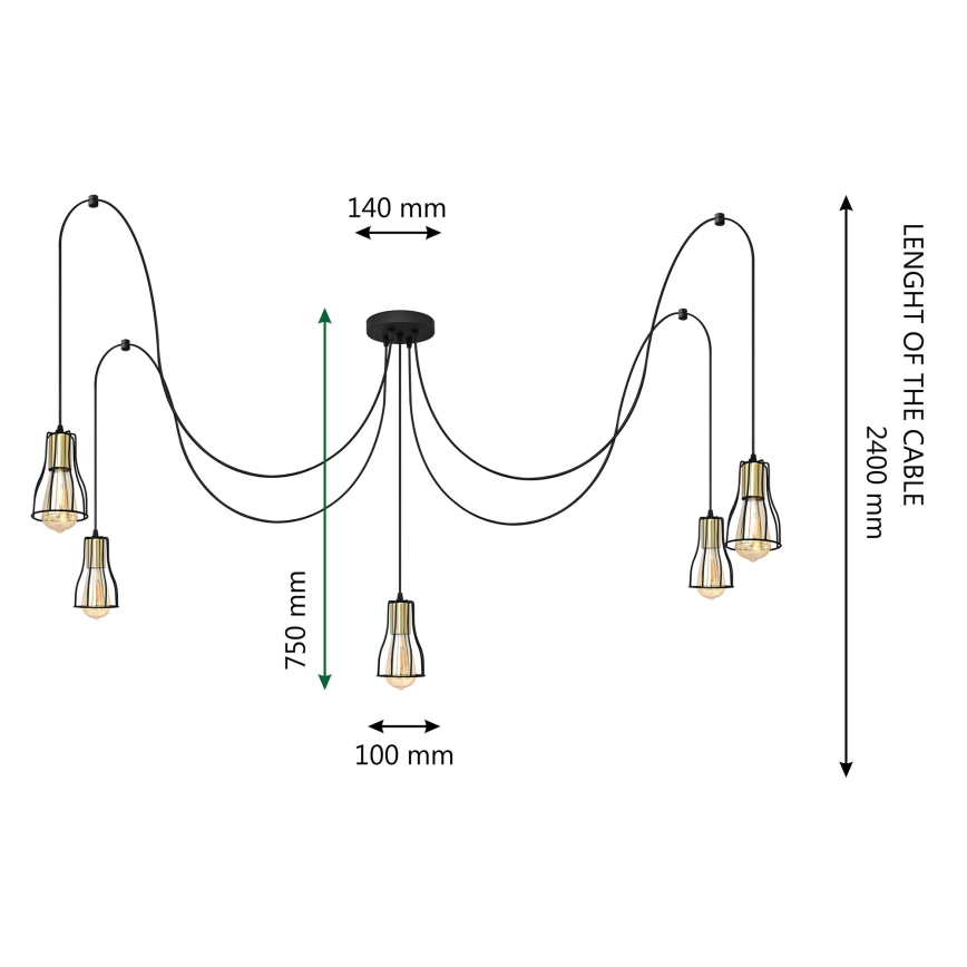 Suspension filaire TUBE LONG 5xE27/15W/230V noir/doré