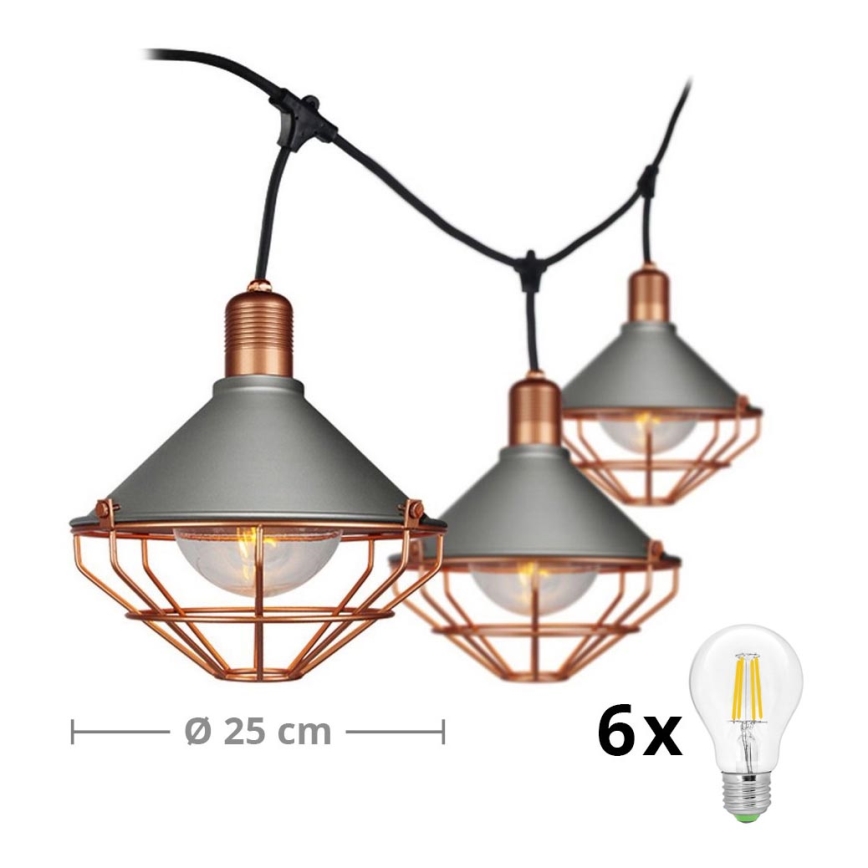 Suspension LED de jardin PREMIUM STRING 3m 6xE27 / 8W / 230V IP65 grise/bronze