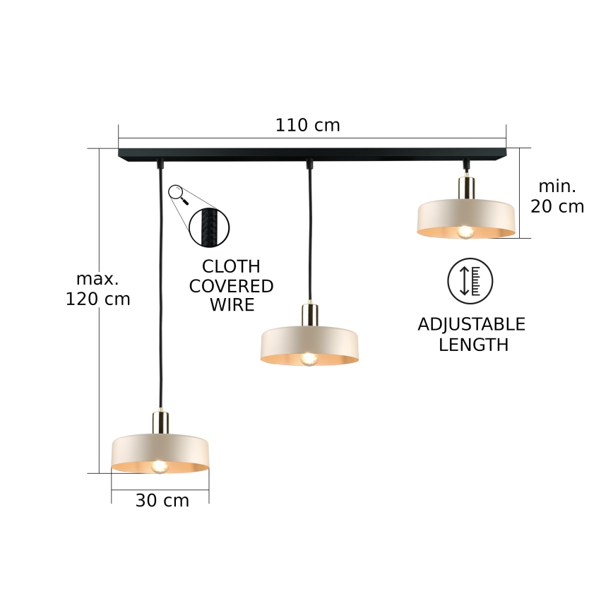 Suspension sur câble LATTE 3xE27/60W/230V beige/noir/doré