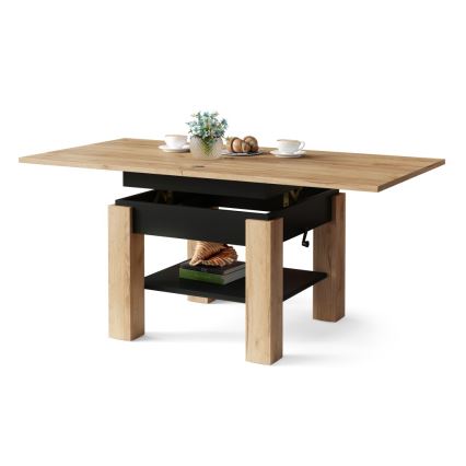 Table basse/à manger extensible à plateau relevable CALEB — chêne craft/noir