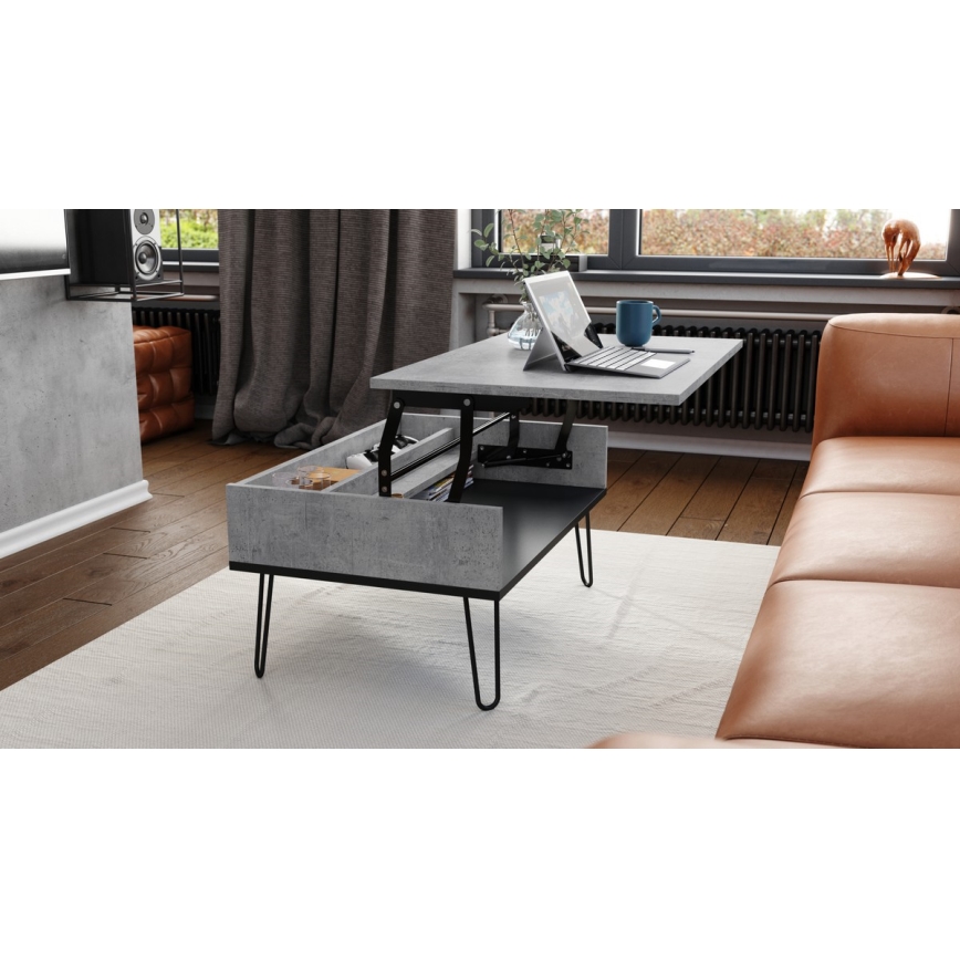 Table basse à plateau relevable et étagère HALIJA gris béton/noir
