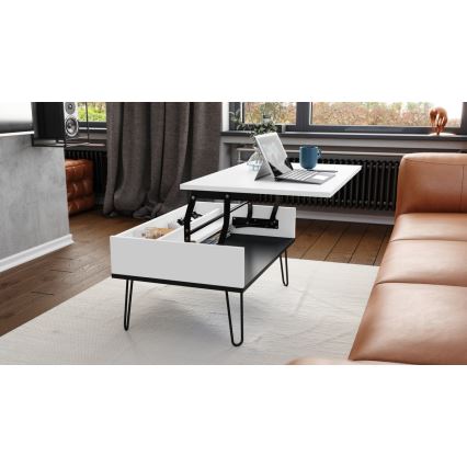 Table basse avec plateau relevable et étagère HALIJA blanc/noir
