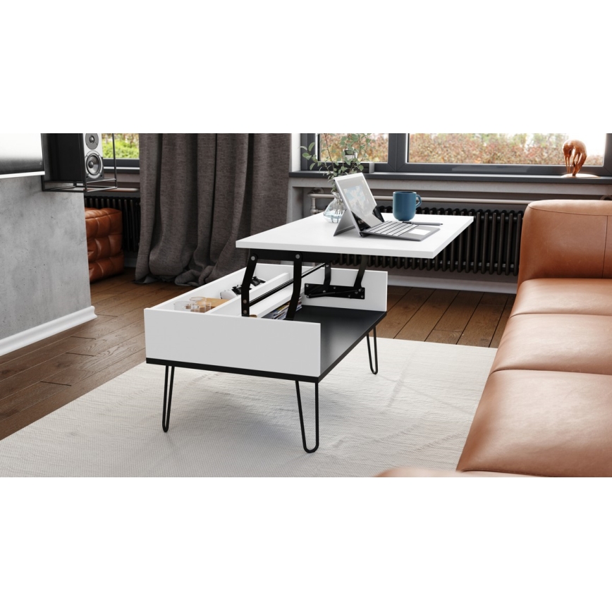Table basse avec plateau relevable et étagère HALIJA blanc/noir