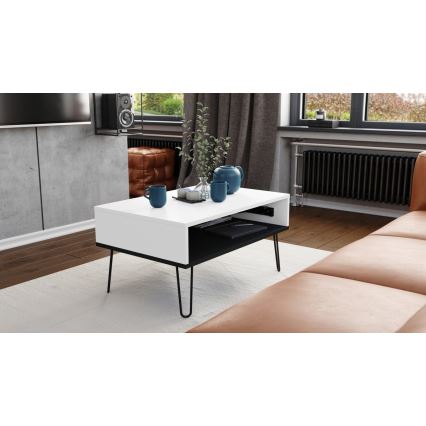 Table basse avec plateau relevable et étagère HALIJA blanc/noir