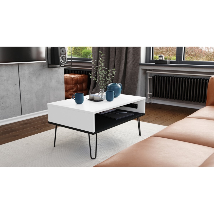 Table basse avec plateau relevable et étagère HALIJA blanc/noir