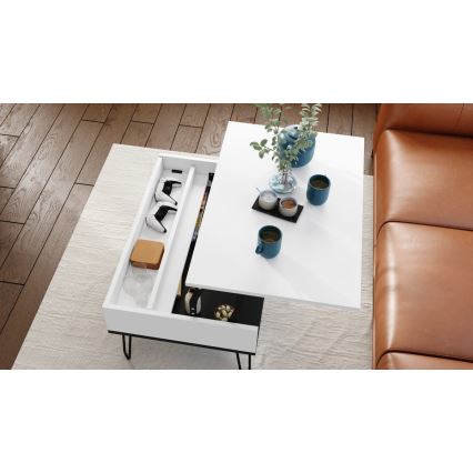 Table basse avec plateau relevable et étagère HALIJA blanc/noir