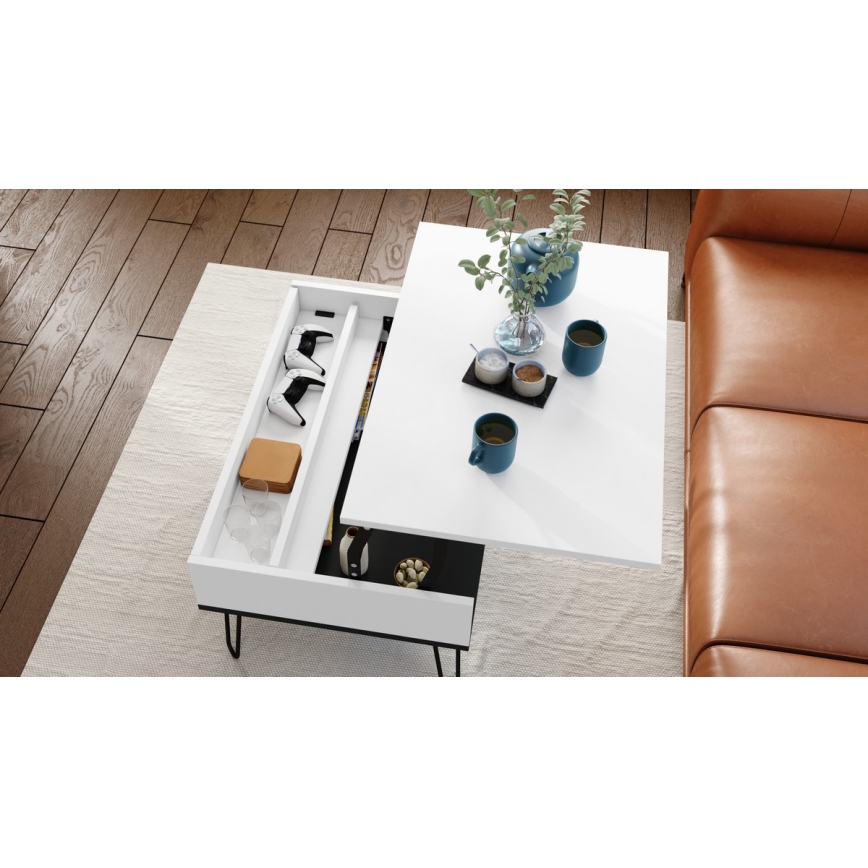 Table basse avec plateau relevable et étagère HALIJA blanc/noir