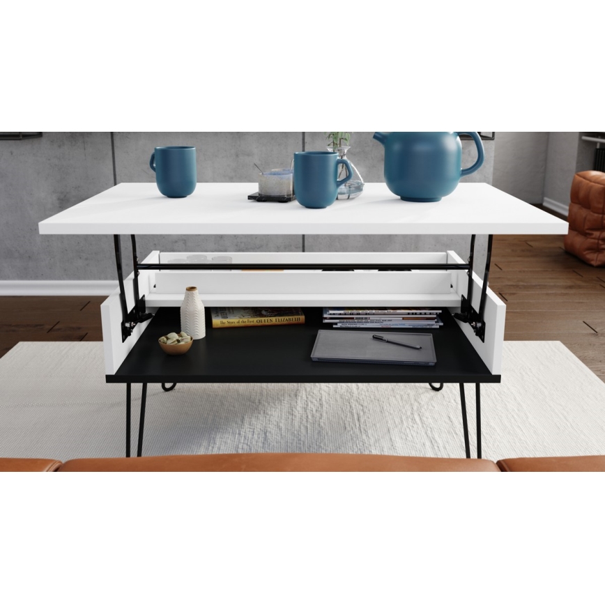 Table basse avec plateau relevable et étagère HALIJA blanc/noir