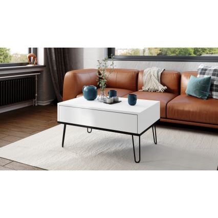 Table basse avec plateau relevable et étagère HALIJA blanc/noir