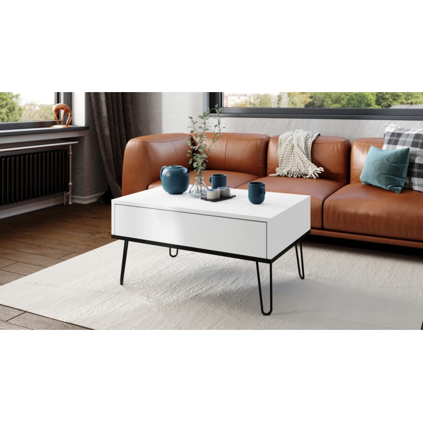Table basse avec plateau relevable et étagère HALIJA blanc/noir