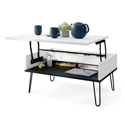 Table basse avec plateau relevable et étagère HALIJA blanc/noir