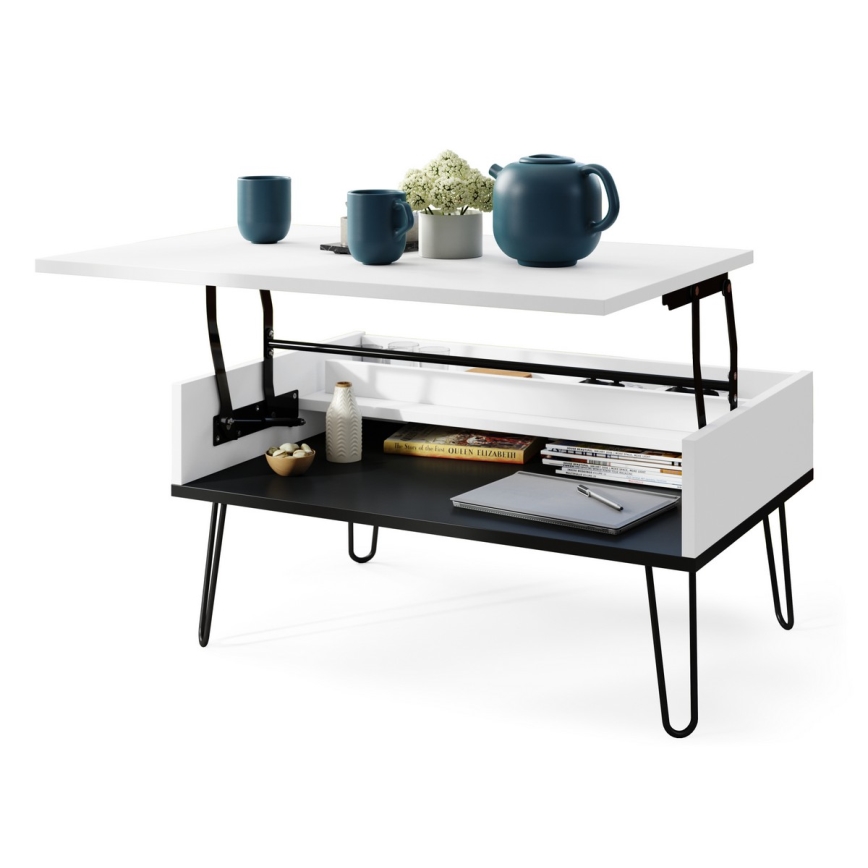 Table basse avec plateau relevable et étagère HALIJA blanc/noir