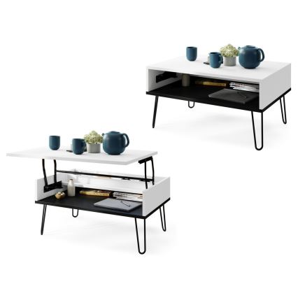 Table basse avec plateau relevable et étagère HALIJA blanc/noir
