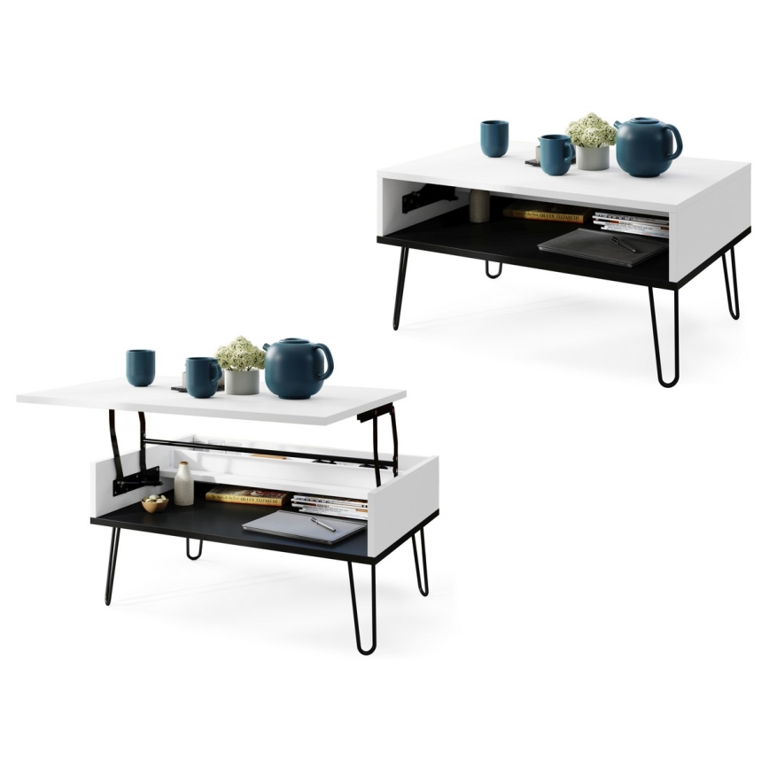 Table basse avec plateau relevable et étagère HALIJA blanc/noir