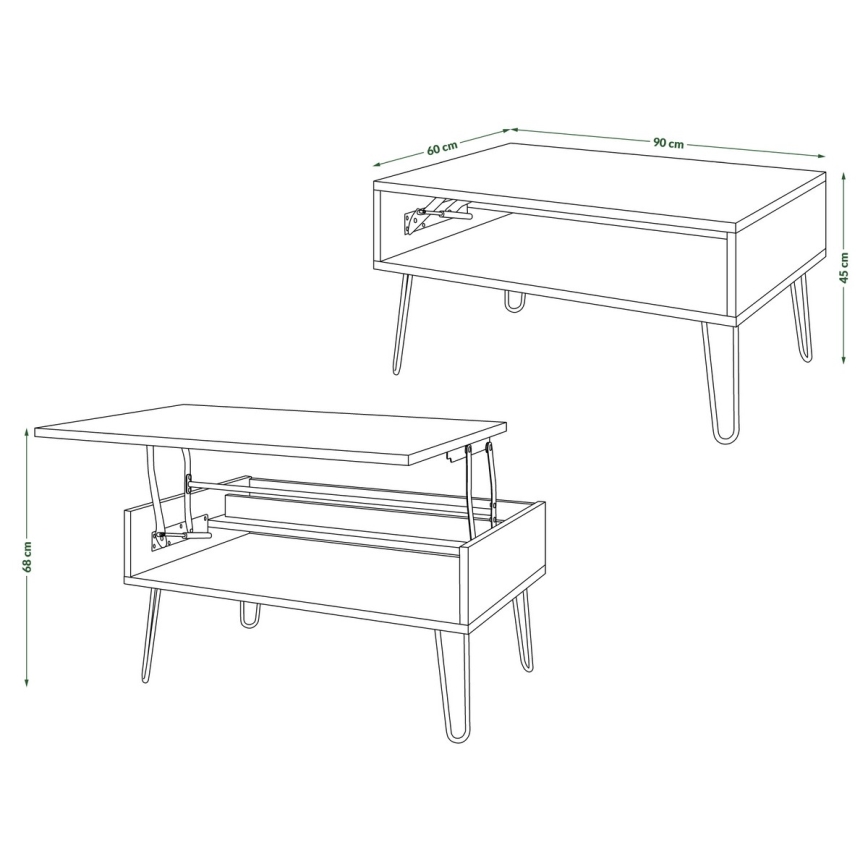 Table basse avec plateau relevable et étagère HALIJA blanc/noir