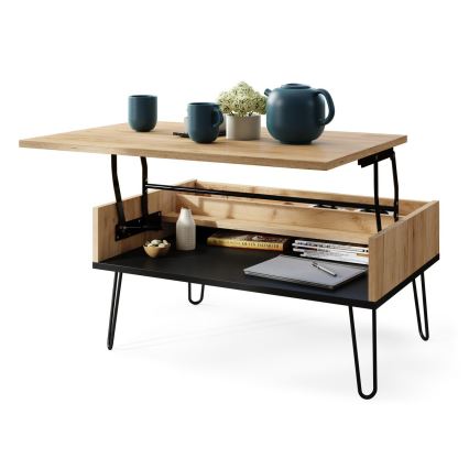 Table basse avec plateau relevable et étagère HALIJA chêne craft/noir