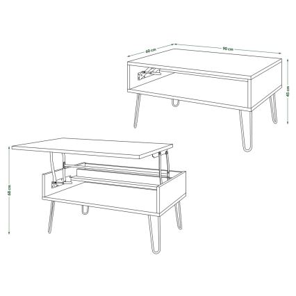 Table basse avec plateau relevable et étagère HALIJA chêne craft/noir