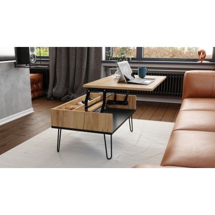 Table basse avec plateau relevable et étagère HALIJA chêne/noir