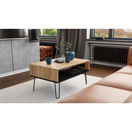 Table basse avec plateau relevable et étagère HALIJA chêne/noir