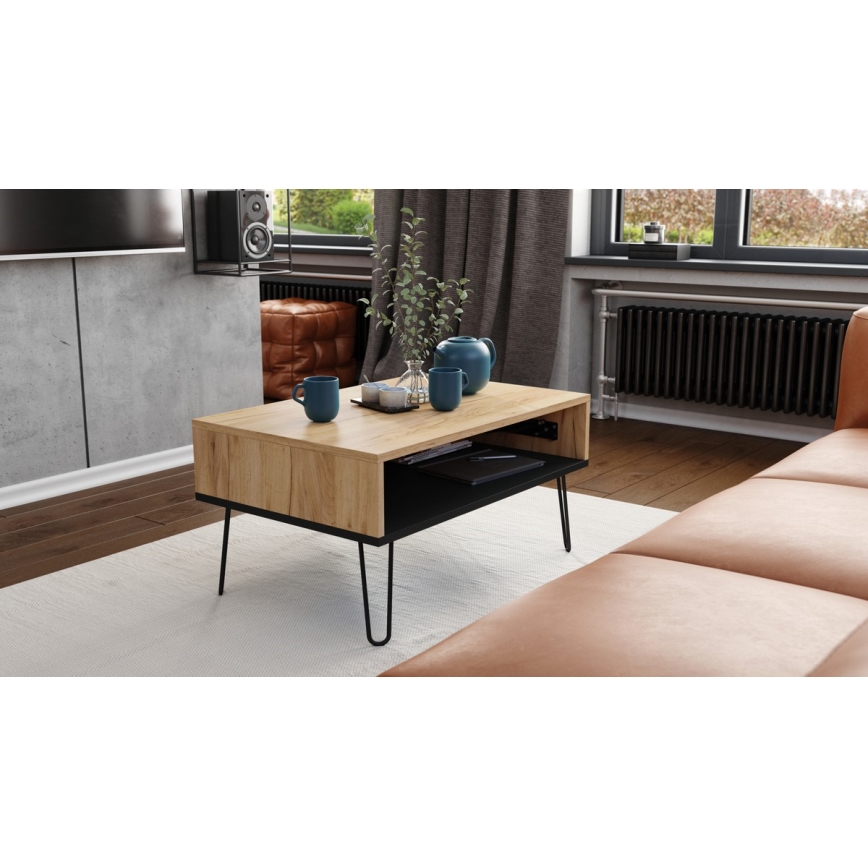 Table basse avec plateau relevable et étagère HALIJA chêne/noir