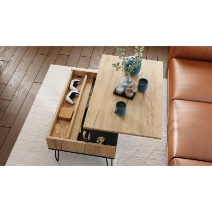Table basse avec plateau relevable et étagère HALIJA chêne/noir