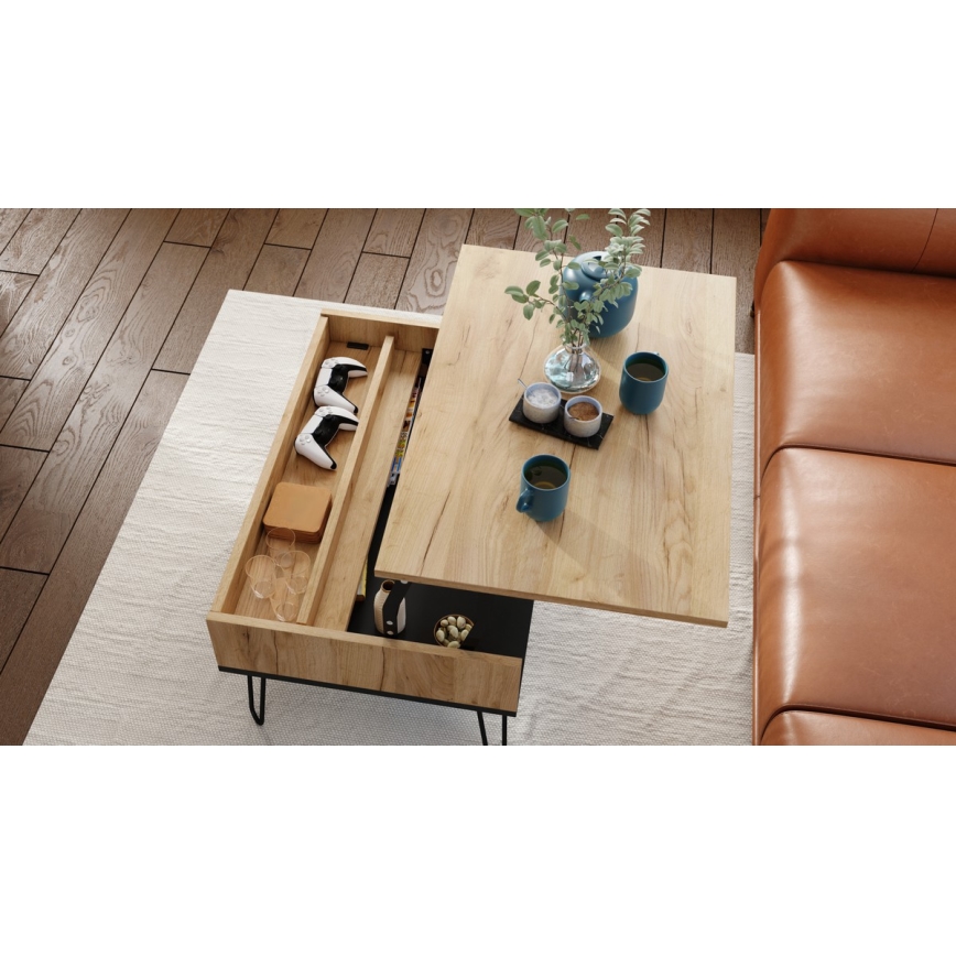 Table basse avec plateau relevable et étagère HALIJA chêne/noir