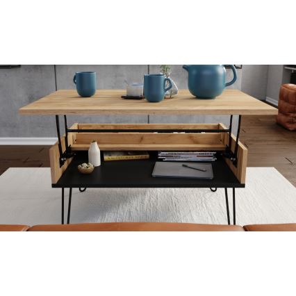 Table basse avec plateau relevable et étagère HALIJA chêne/noir