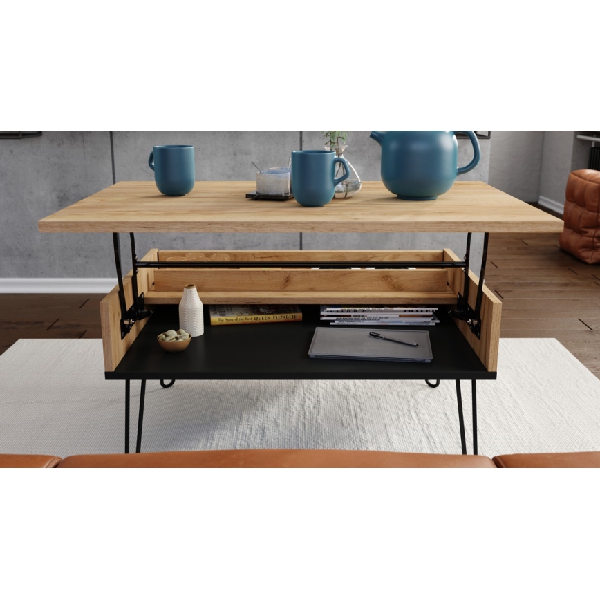 Table basse avec plateau relevable et étagère HALIJA chêne/noir