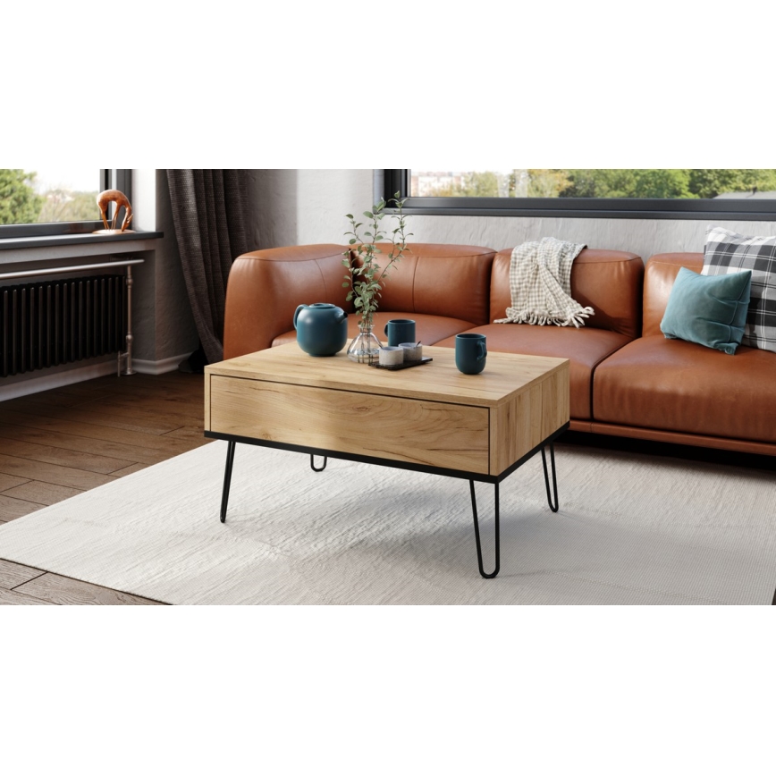 Table basse avec plateau relevable et étagère HALIJA chêne/noir
