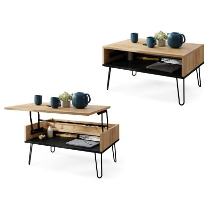 Table basse avec plateau relevable et étagère HALIJA chêne/noir