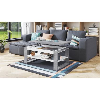 Table basse avec plateau relevable et étagère NEA, gris béton/blanc