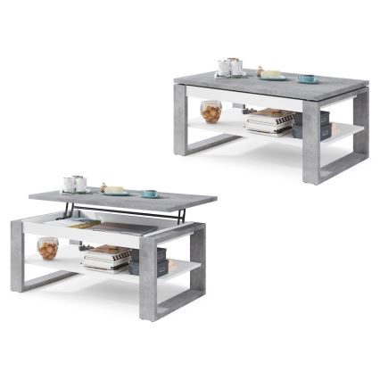 Table basse avec plateau relevable et étagère NEA, gris béton/blanc