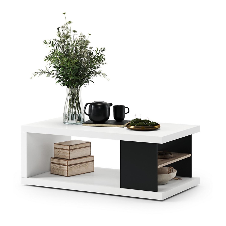 Table basse avec une étagère et espace de stockage LORA blanc/noir