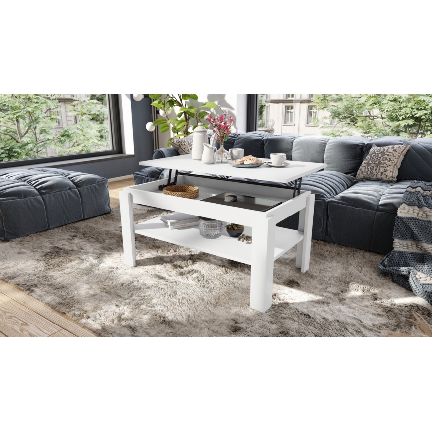 Table basse convertible avec plateau relevable et étagère ADEN blanche
