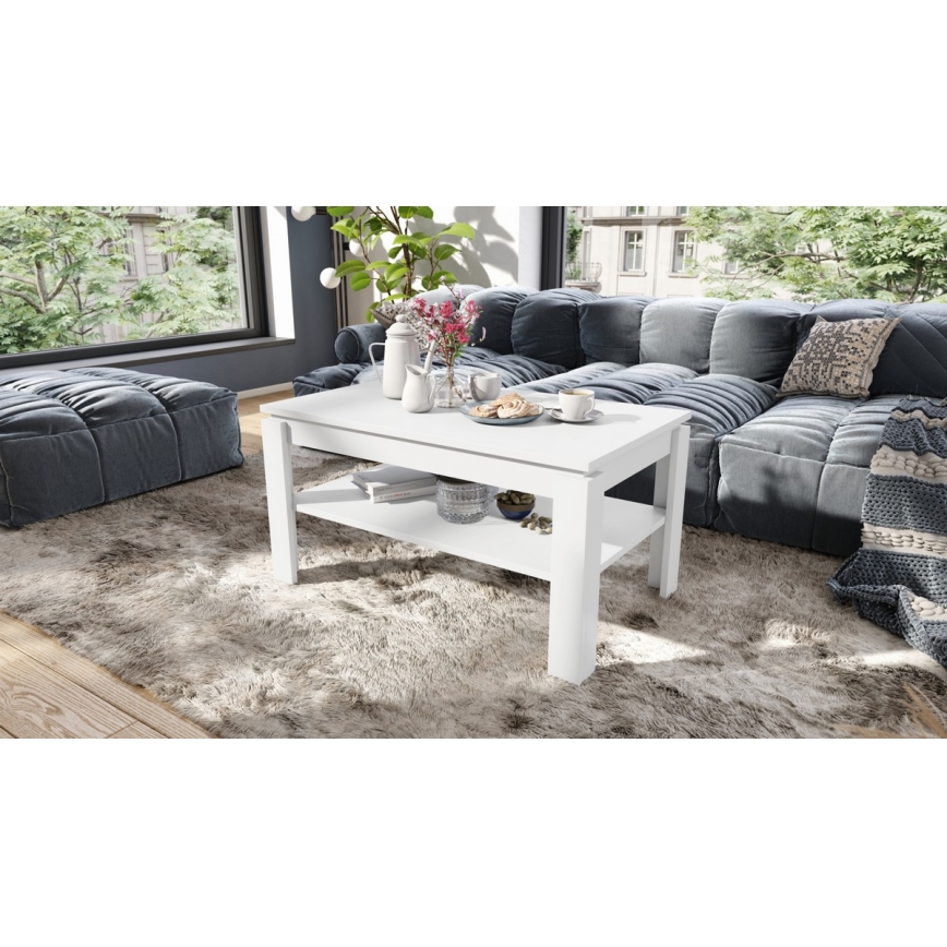 Table basse convertible avec plateau relevable et étagère ADEN blanche