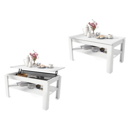 Table basse convertible avec plateau relevable et étagère ADEN blanche