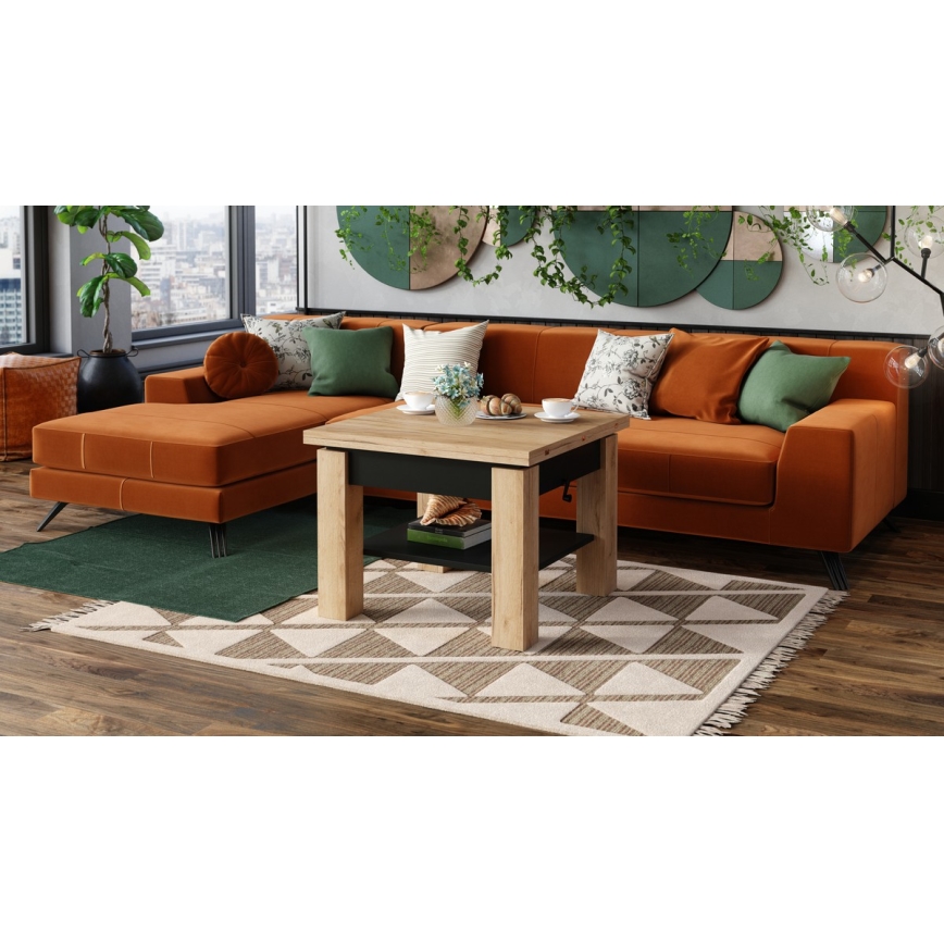 Table basse extensible à plateau relevable CALEB 75/150x75 cm chêne craft/noir