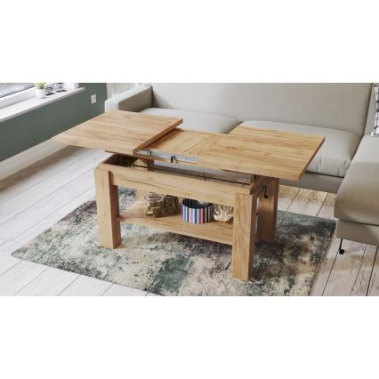 Table basse extensible avec étagère ADONIS 110/150x68 cm, finition chêne craft